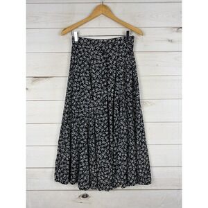 Kathi Lee Skirt Womens 10 Black Floral Rayon A Line Button Front Midi Boho